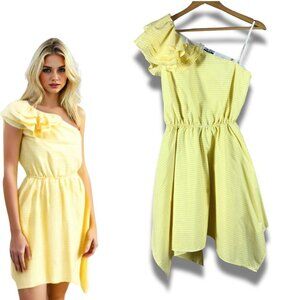 THE EDIT Yellow Gingham Plaid One-Shoulder Asymmetrical Sun Dress NWT MEDIUM